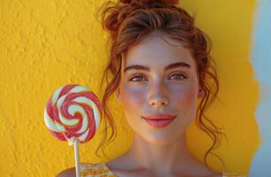 AI generated young lady holding a big lollipop sweetness photo