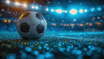 AI generated a soccer ball is sitting on top of a stadium and lighting is on photo
