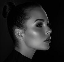 AI generated a lady with a high bun in black and white photo