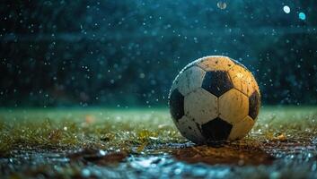 ai generado un fútbol pelota sentado en un vacío campo a noche foto