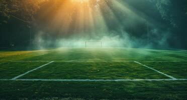 ai generado un fútbol campo en un oscuro antecedentes foto