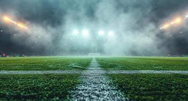 AI generated soccer field with a green pitch, in the style of smokey background photo