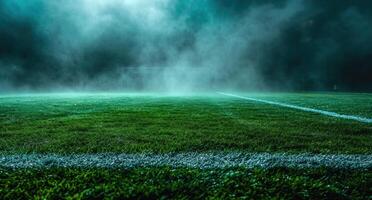 AI generated soccer field with a green pitch, in the style of smokey background photo