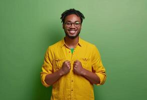 AI generated a happy man standing in a yellow shirt photo