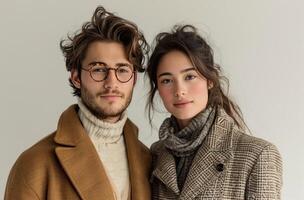 ai generado un hombre y un mujer son posando juntos en frente de un blanco antecedentes foto