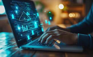 AI generated a man is using a laptop with graphs on it and a house symbol on it photo