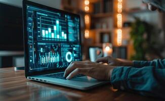 AI generated a man is using a laptop with graphs on it and a house symbol on it photo