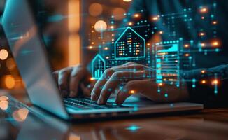 AI generated a man is using a laptop with graphs on it and a house symbol on it photo