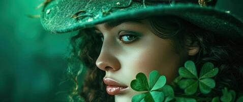 AI generated happy st patrick day 2019 girl with a green hat holding shamrock leaves photo