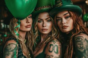 AI generated people dressed in st patricks day hats and green balloons photo