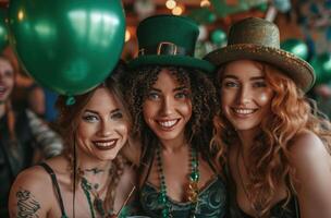 AI generated people dressed in st patricks day hats and green balloons photo