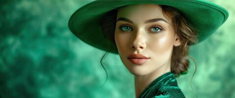 AI generated st patrick's day woman in green hat on shamrock background photo