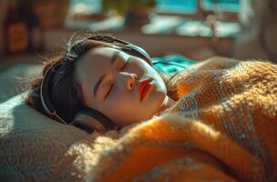 AI generated sleeping in a floor rug with headphones on photo