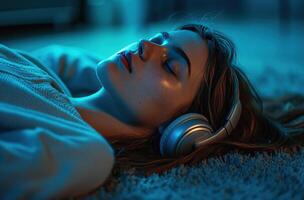 AI generated woman lying down on the floor and listening to music photo