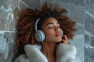 AI generated woman lying down on the floor and listening to music photo