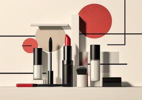 AI generated lipsticks, brushes and other cosmetic products in a collection photo