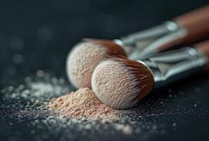 AI generated make up brushes and powders are seen on a black background photo