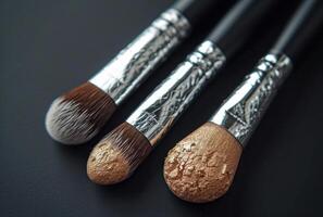 AI generated make up brushes and powders are seen on a black background photo