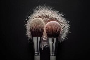 AI generated make up brushes and powders are seen on a black background photo