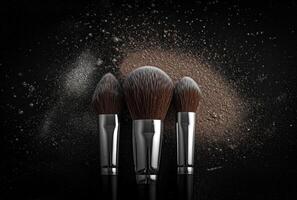 AI generated make up brushes and powders are seen on a black background photo