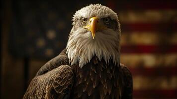 ai generado un águila es en pie cerca un americano bandera foto