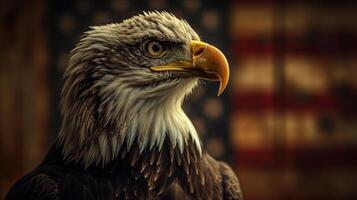 ai generado un águila es en pie siguiente a el americano bandera foto