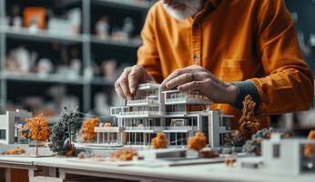 AI generated businessman making models of houses and office buildings photo