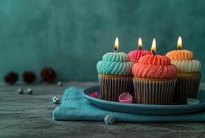 AI generated colourful cupcakes with sparkling candles on a plate in blue photo