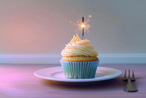 AI generated cupcake with sparkler on the white plate on the background, photo