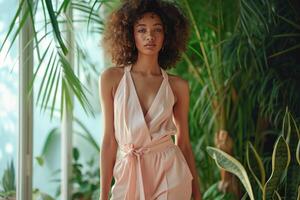 AI generated a model wears a pale pink jumpsuit and sandals photo