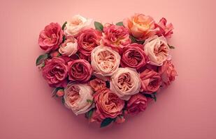 AI generated roses arranged into a heart on this pink background photo