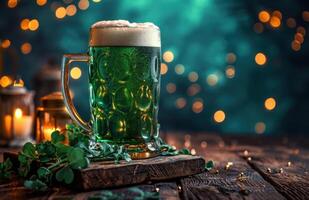 AI generated a green beer and shamrocks in a wooden table photo