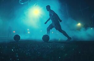 ai generado fútbol jugador en un fútbol campo como iluminado arriba por un Dom foto