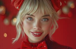 AI generated cute blonde smiling with a red bow on her face photo