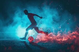 AI generated a football player kicks a soccer ball against a bright light photo