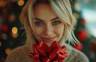 AI generated cute blonde smiling with a red bow on her face photo