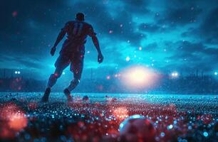 AI generated soccer player on a soccer field as lit up by a sun photo