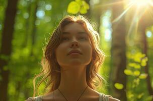 AI generated an image of a woman being in a forest breathing deeply photo