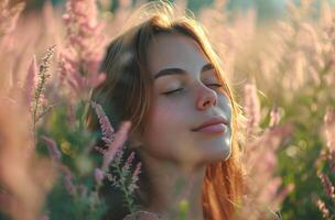 AI generated beautiful girl in nature standing in a grassy environment photo