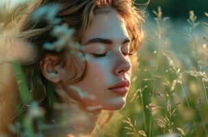 AI generated beautiful girl in nature standing in a grassy environment photo