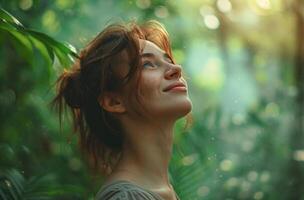 ai generado un mujer mirando arriba a el cielo en un bosque foto