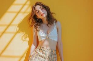 AI generated attractive young woman in widelegged pants in front of yellow background photo