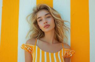 AI generated white, striped and orange young woman with blonde hair, posing on striped background photo