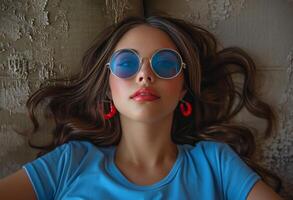 AI generated woman with a blue shirt and blue sunglasses, photo