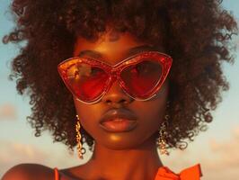 AI generated a black woman with big curls posing outdoors behind a heart shaped sunglasses photo