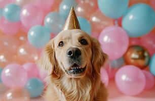 ai generado perro en fiesta sombrero disfrutando el festividades contento cumpleaños foto