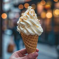 ai generado un persona es participación arriba un hielo crema cono con uno vainilla p.ej crema foto