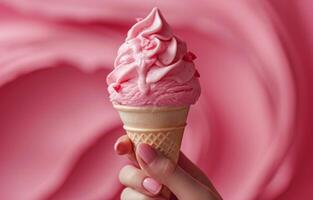 AI generated an 'ice cream' is pictured in hand, with pink topping photo