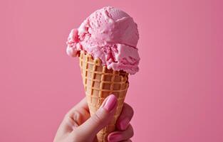 AI generated hand holding waffle cone with pink ice cream on pink background photo