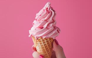 AI generated hand holding waffle cone with pink ice cream on pink background photo